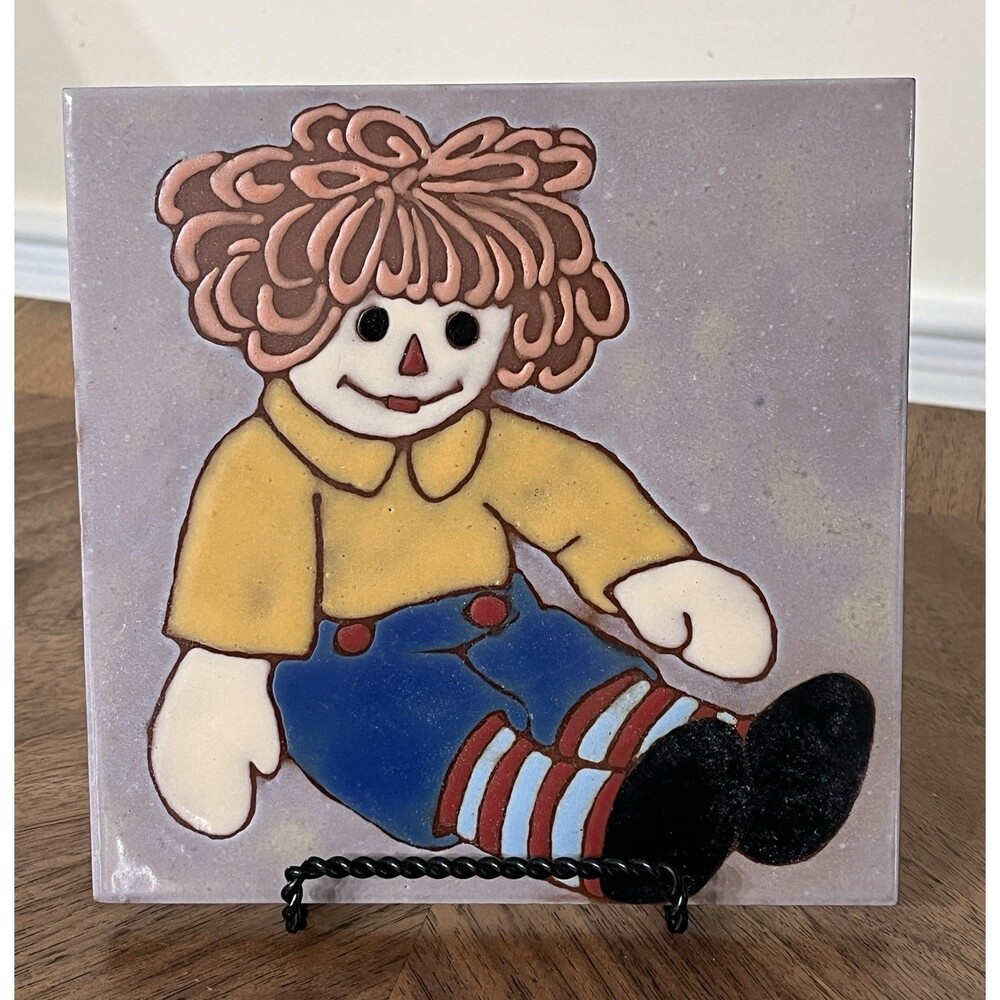 Vtg Judy Sutcliffe Hand Painted Ceramic Tile Raggedy Andy Made In Italy OOAK
